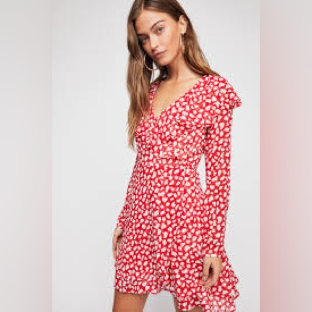 Free People Frenchie Red Floral Wrap Dress Long Sleeve Size Medium